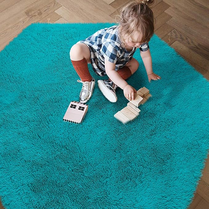 junovo Ultra Soft Rug for Nursery Children Room Baby Room Home Decor Dormitory Hexagon Carpet for Playhouse Princess Tent Kids Play Castle, Diameter 4.6 ft, Teal Blue