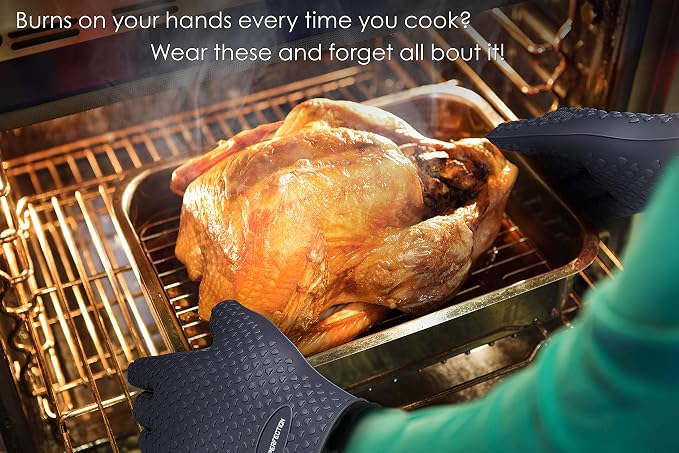 KITCHEN PERFECTION XL Silicone Smoker BBQ Gloves -Heat Resistant Oven Mitts | Waterproof, 5-Finger Design For A Better Grip, for Pitmasters, Meat Smoking, Grilling, Cooking, Frying Turkey | Grill Gift