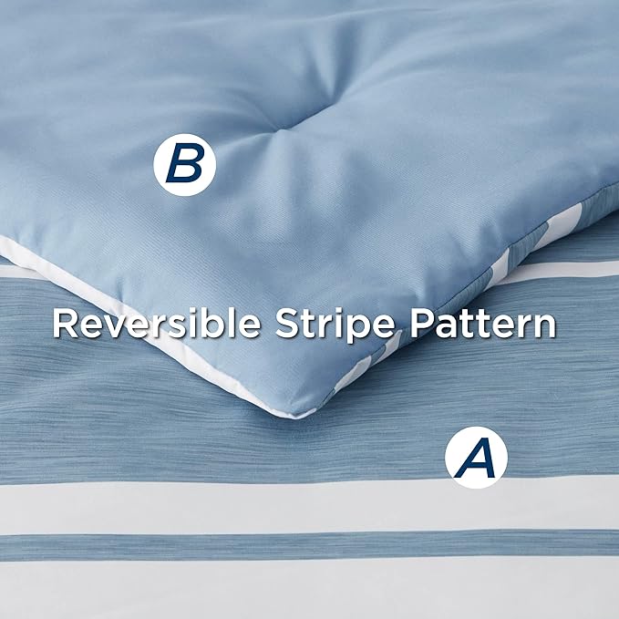 Bedsure Full Size Bed Sets 7 Pieces - Blue Striped Beddubg All Season Comforter Set, Bed in a Bag with 1 Comforter, 2 Sheets, 2 Pillowcases & 2 Shams