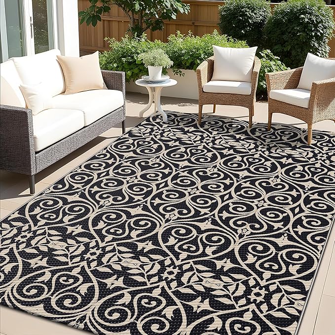 OLANLY Outdoor Rug Waterproof 5x8 ft Clearance, Reversible Outdoor Plastic Straw Rug with Floral Pattern, RV Mat for Patio, Camping, Balcony, Deck, Backyard, Black & Beige
