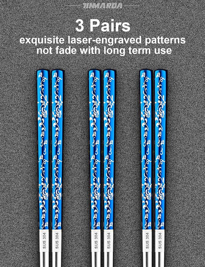 TINMARDA Metal Chopsticks Reusable, 3 Pairs Non-Slip Chop Sticks Reusable Dishwasher Safe, Titanium Plated Stainless Steel Chopsticks Present Set (Blue Silver)