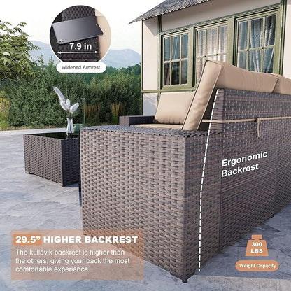 Kullavik 6PCS Outdoor Patio Furniture Set PE Wicker Rattan Sectional Sofa Patio Conversation Sets,Khaki