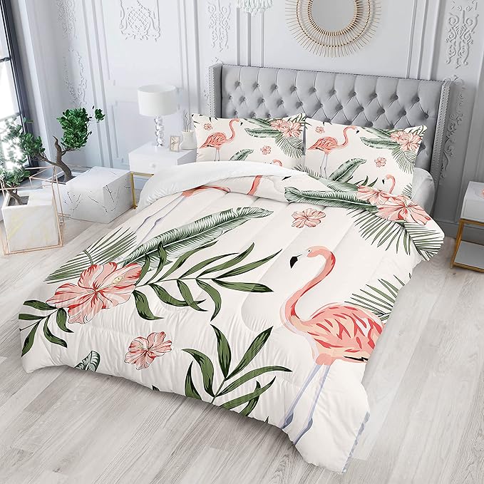 Flamingo Comforter Set Queen Size Tropical Flamingo Palm Tree Leaf Pattern Bedding Set Flower Quilted Duvet for Kids Girls Boys Adult with 1 Comforter and 2 Pillowcases