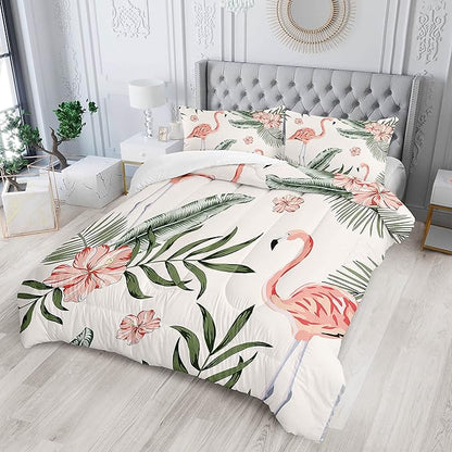 Flamingo Comforter Set Queen Size Tropical Flamingo Palm Tree Leaf Pattern Bedding Set Flower Quilted Duvet for Kids Girls Boys Adult with 1 Comforter and 2 Pillowcases