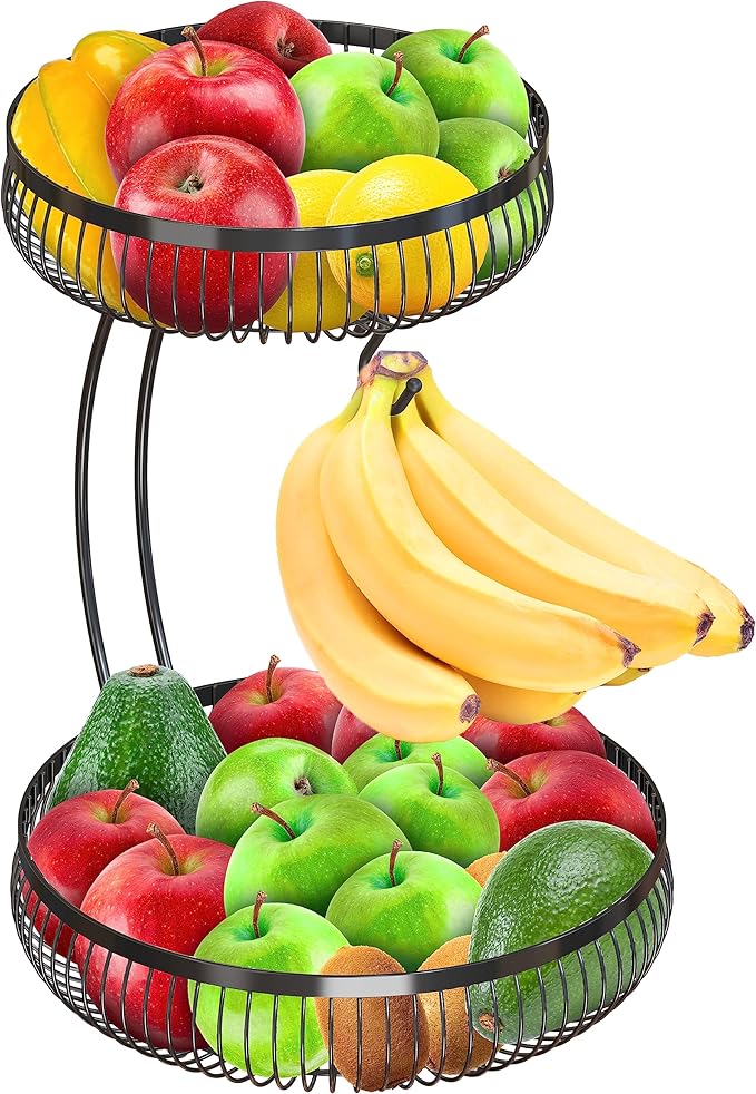 Simple Houseware 2-Tier Countertop Fruit Basket with Banana Hanger, Black