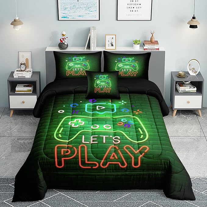 6 PCS Gamer Bedding Sets,Gaming Comforter Set for Boys,Kids Bedding Sets for Boys,Full Size Bedding Sets for Boys,Bed in A Bag with Sheets(Full,Green Color)
