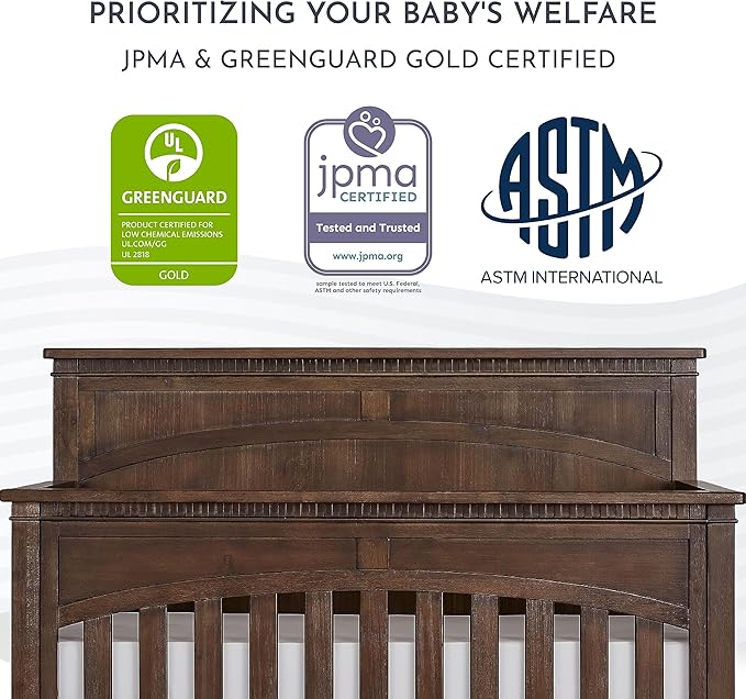 Evolur Santa Fe 5-in-1 Convertible Crib, Full Size Bed Rail, Antique Brown, Greenguard Gold Certified, 3 Mattress Heights