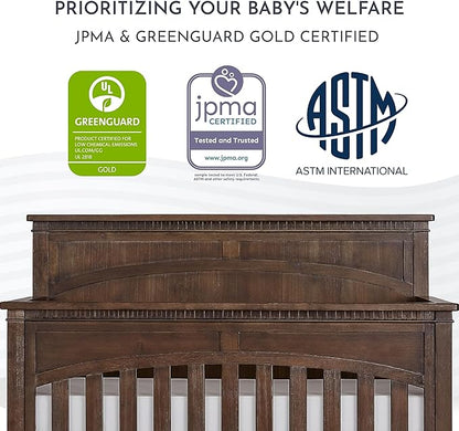 Evolur Santa Fe 5-in-1 Convertible Crib, Full Size Bed Rail, Antique Brown, Greenguard Gold Certified, 3 Mattress Heights