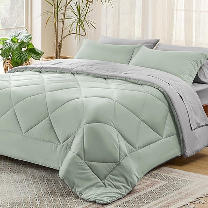 Bedsure Sage Green King Comforter Set - 7 Pieces Reversible Bed Set Sage Green Bed in a Bag King with Comforters, Sheets, Pillowcases & Shams, King Bedding Sets