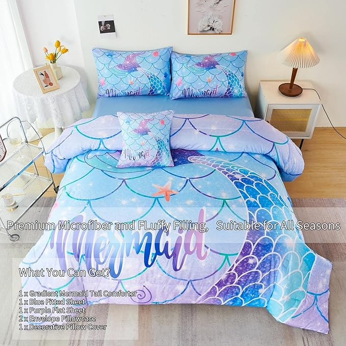 RYNGHIPY 6Pcs Mermaid Tail Comforter Set for Teens Girls Women, Mermaid Fish Scale Bed in a Bag Full Size, Sparkle Teal Purple Rainbow Bedroom Decor Bedding Set