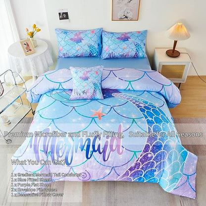 RYNGHIPY 6Pcs Mermaid Tail Comforter Set for Teens Girls Women, Mermaid Fish Scale Bed in a Bag Full Size, Sparkle Teal Purple Rainbow Bedroom Decor Bedding Set