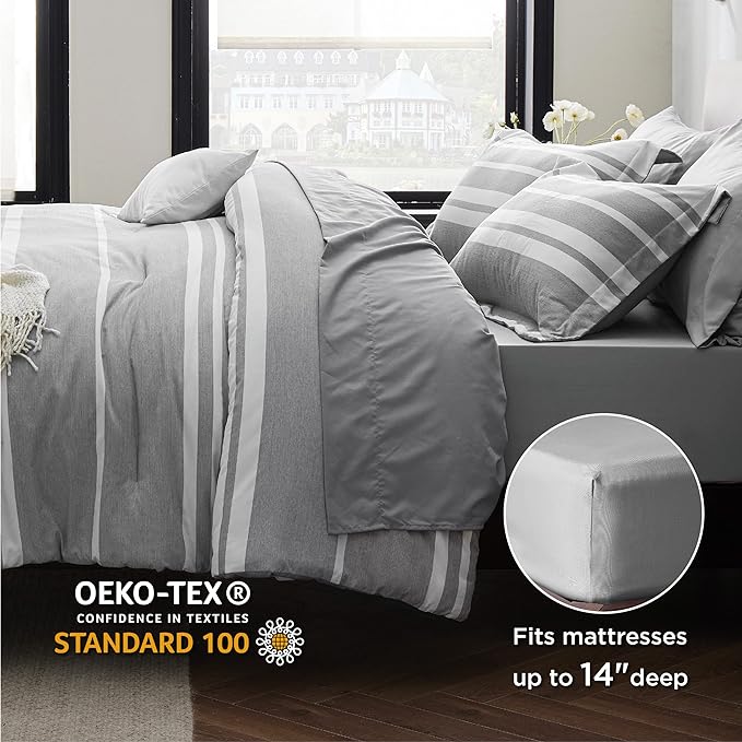 Bedsure King Size Comforter Set - 7 Pieces King Bedding Sets All Season Bed Set, Grey White Striped Bed in a Bag with Comforter, Sheets, Pillowcases & Shams