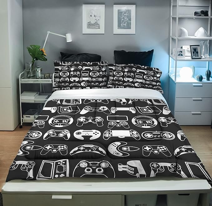 Sunnycitron Gamer Bedding Sets for Boys Gaming Comforter Boys Bedding Sets Queen Comforter Sets Gamer Bed Set Teen Boy Gamer Room Decor Gaming Comforter Set,1 Comforter 2 Pillowcases