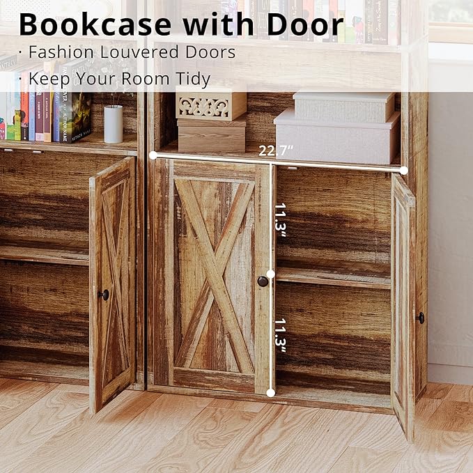 IRONCK Industrial Bookshelves and Bookcases with Doors Set of 2 Floor Standing 6 Shelf Display Storage Shelves 70 in Tall Bookcase for Home Office, Living Room