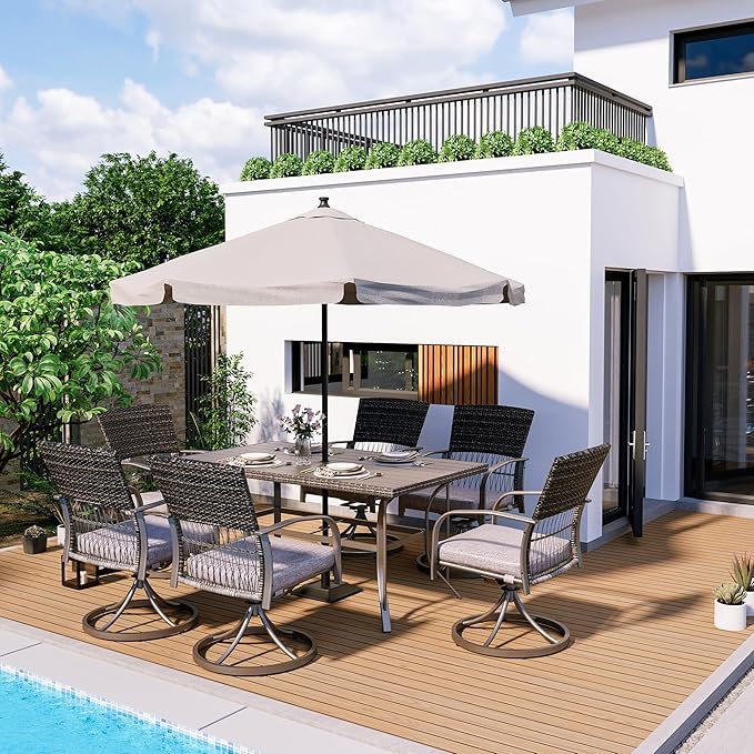 Pamapic 7 Piece Patio Dining Set for 6,Outdoor Wicker Furniture Set for Backyard Garden Deck Poolside with 6 Cushions Swivel Rocker Chairs,Iron Slats Table Top, Removable Cushions(Gray)
