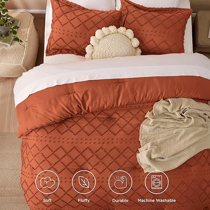 Bedsure King Size Comforter Set - Terracotta Comforter, Boho Tufted Shabby Chic Bedding Comforter Set, 3 Pieces Farmhouse Bed Set for All Seasons, Fluffy Soft Bedding Set with 2 Pillow Shams