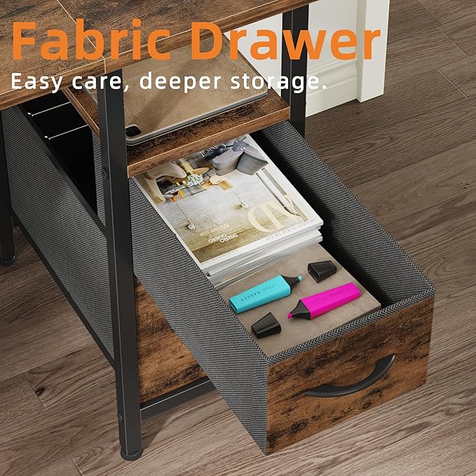 47'' Office Desk with 4 Fabric File Drawers - File Drawer Organization, Computer Work Desk, Study Writing Table, Home Office Workstation, Rustic Brown