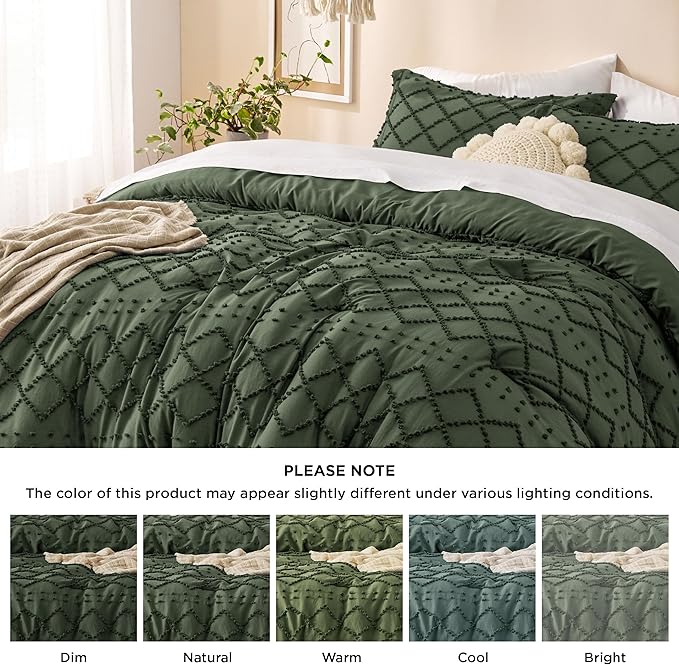 Bedsure Full Size Comforter Set - Olive Green Comforter, Boho Tufted Shabby Chic Bedding Comforter Set, 3 Pieces Farmhouse Bed Set for All Seasons, Fluffy Soft Bedding Set with 2 Pillow Shams