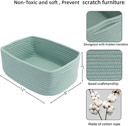 Small Woven Storage Baskets 12“X8”X5“ Decorative Rope Bins for Organizing Shelves, Closets, and Toys, Empty Gift Baskets, Cute Organizer Basket for Home and Office (green, regular)