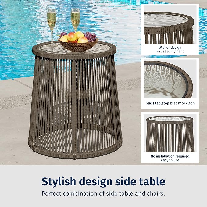 EAST OAK Breezeway Patio Furniture Set, 3-Piece Outside Bistro Set Handwoven Rattan Wicker Chairs with Waterproof Cushions, Tempered Glass Table, Outdoor Conversation Set for Porch, Coffee & Beige