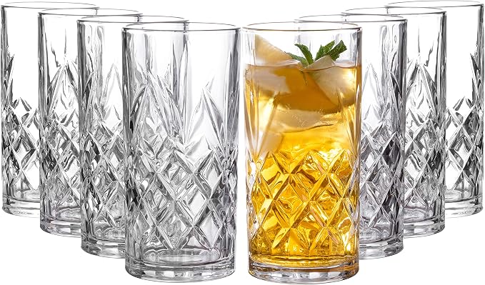 Royalty Art Kinsley Tall Highball Glasses, Set of 8, 12 oz Cups | Textured designer glassware, water, beer, soda, trendy elegant dishware, dishwasher safe