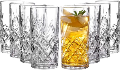 Royalty Art Kinsley Tall Highball Glasses, Set of 8, 12 oz Cups | Textured designer glassware, water, beer, soda, trendy elegant dishware, dishwasher safe