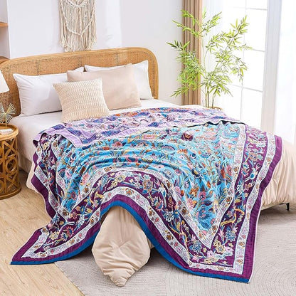 Fall Blanket for Bed, 100% Cotton Soft Rustic Boho Throw Blanket Quilt, 50"x60" Farmhouse Decor Bed Flower Blankets, Light Weight Reversible Bohemian Throw Quilt