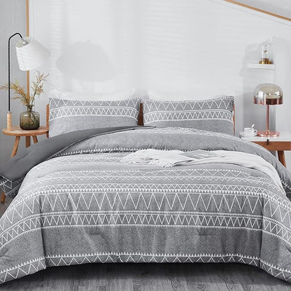 Boho Grey Stirped Comforter Set Twin for Kids Adult, 2 PCS Reversible Bedding Set Gray Comforter with 1 Pillow Sham, Lightweight Breathable for All Seasons(Twin,66x90inches)