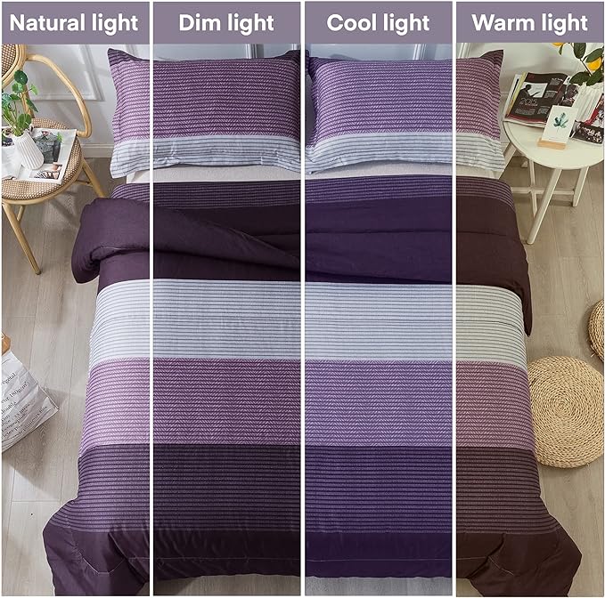 Andency Stripe Comforter Set Queen Size (90x90 Inch), 3 Pieces Purple and Gray Patchwork Striped Comforter, Soft Microfiber Down Alternative Comforter Bedding Set with Corner Loops
