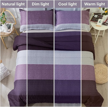 Andency Stripe Comforter Set Twin Size (66x90 Inch), 2 Pieces Purple and Gray Patchwork Striped Comforter, Soft Microfiber Down Alternative Comforter Bedding Set with Corner Loops