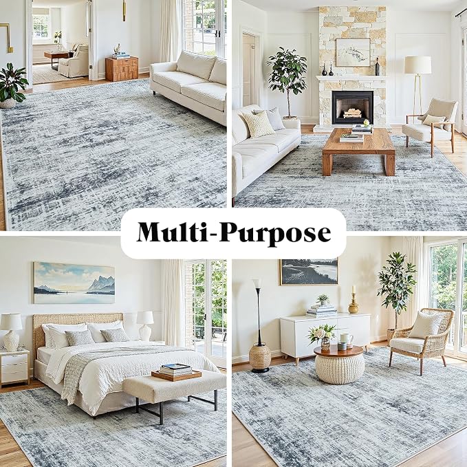 10x14 Washable Area Rug for Living Room Bedroom: Non-Slip Modern Black Grey | Machine Washable TPR Backing, Stain-Resistant Low Pile, Pet & Kid Friendly, Abstract Decor for Dining Room, Dorm, Home Office