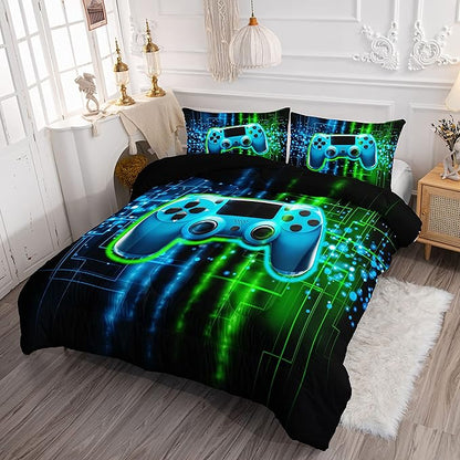 Datura home Video Gamer Comforter Set for Kids Teens Adults,Green Black Gamepad Modern Gamer Gaming Printed Bedding Set with 1 Comforter and 2 Pillowcases(Gamepad Green Queen)