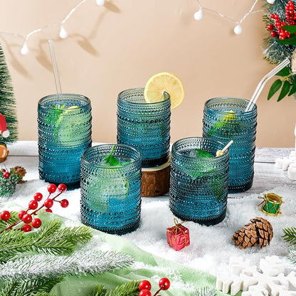 KMIGRUAN Hobnail Drinking Glasses Set of 12, 15Oz & 12Oz Cocktail Glasses | Blue-Vintage Highball Glasses, Embossed Beaded Water Glass Cups for Juice and Various Mixed Drinks, Kitchen Drinking Glasses