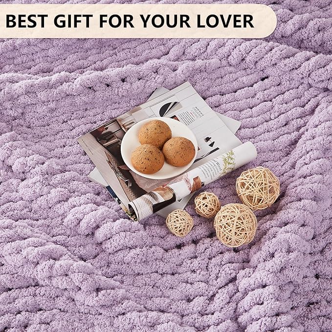 L Agusty Chunky Knit Blanket Throw: 72''x84'' Chenille Thick Knitted Throw Blanket for Bed, Couch - Handmade Large Purple Chunky Rope Blanket for Home Decor