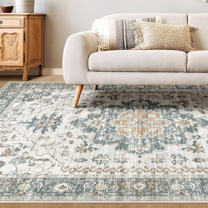 Washable Area Rugs for Living Room - 5x7 Neutral Vintage Distressed Floral Farmhouse Boho Large Soft Floor Rug Indoor Non Slip Carpet for Living Room Bedroom Dining Room Office - Green/Grey