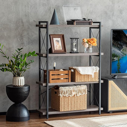 HCHQHS Bookshelf, 4-Tier Industrial Bookcase, Rustic Open Book Shelf, Freestanding Tall Bookshelves with Metal Frame
