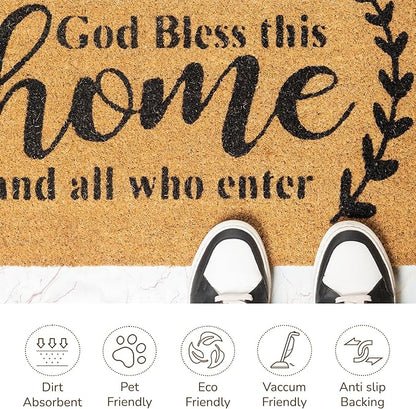Welcome Doormats, Natural Coco Coir Mats with Non-Slip PVC Backing, Indoor Outdoor Mats for Home & Office, Mats for Door with God Bless This Home Print, Beige & Black, 30"x17"