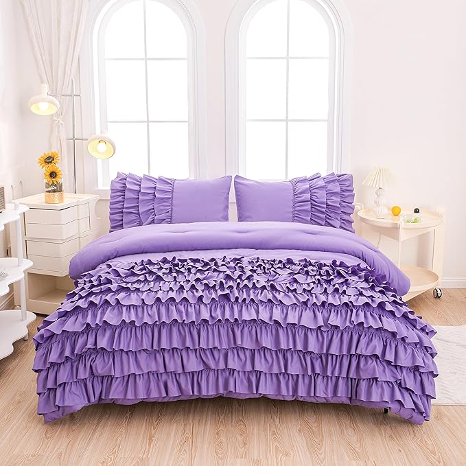 Full Size Comforter Set for Girls, Purple Ruffle Bedding Set Full, 5 Pcs Bed in a Bag for Girls, Purple Comforter Sets Full with 1 Fitted Sheets, 1 Flat Sheet, 1 Comforter, 2 Pillowcases