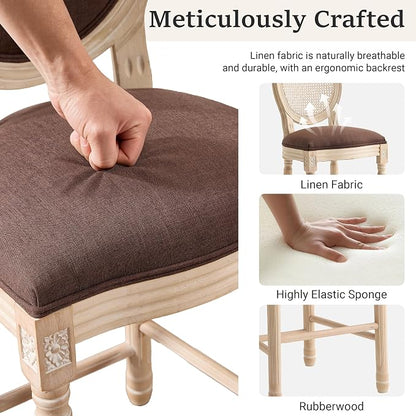French Country Barstool, Linen Farmhouse Counter Height Chair | Set of 6, with Cushion Round Back and Solid Wood Legs, Oval Chairs for Restaurant, Bar, Kitchen, Café, Brown