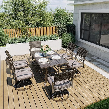 Pamapic 7 Piece Outdoor Dining Set, Rattan Outdoor Patio Furniture Set for Deck Backyard Garden with Iron Outdoor Dining Table, 6 Swivel Outdoor Dining Chairs and Removable Cushions (Gray)