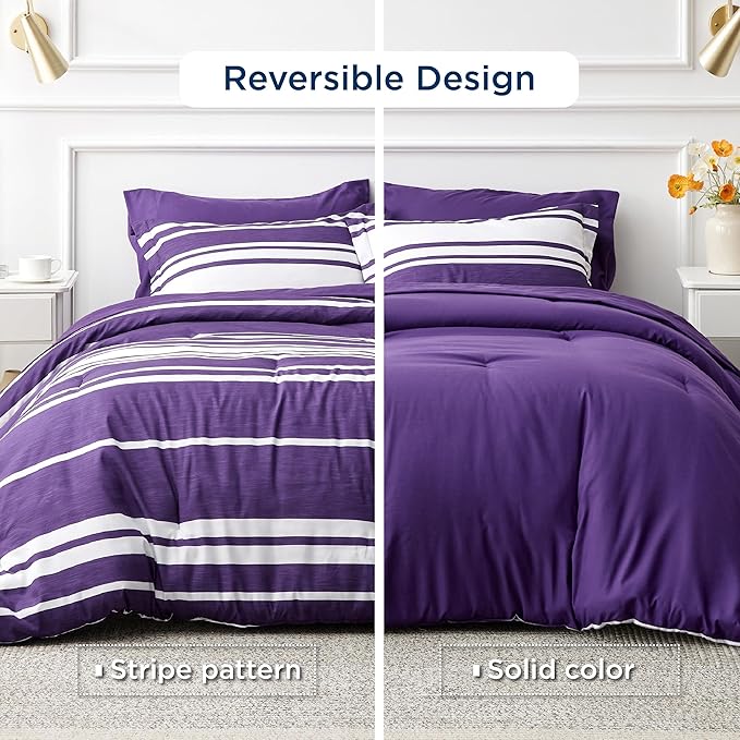 Bedsure Bed in a Bag Queen Size 7-Piece Purple White Striped Bedding Comforter Sets All Season Bed Set, 2 Pillow Shams, Flat Sheet, Fitted Sheet and 2 Pillowcases