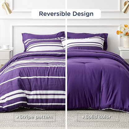 Bedsure Bed in a Bag King Size 7-Piece Purple White Striped Bedding Comforter Sets All Season Bed Set, 2 Pillow Shams, Flat Sheet, Fitted Sheet and 2 Pillowcases