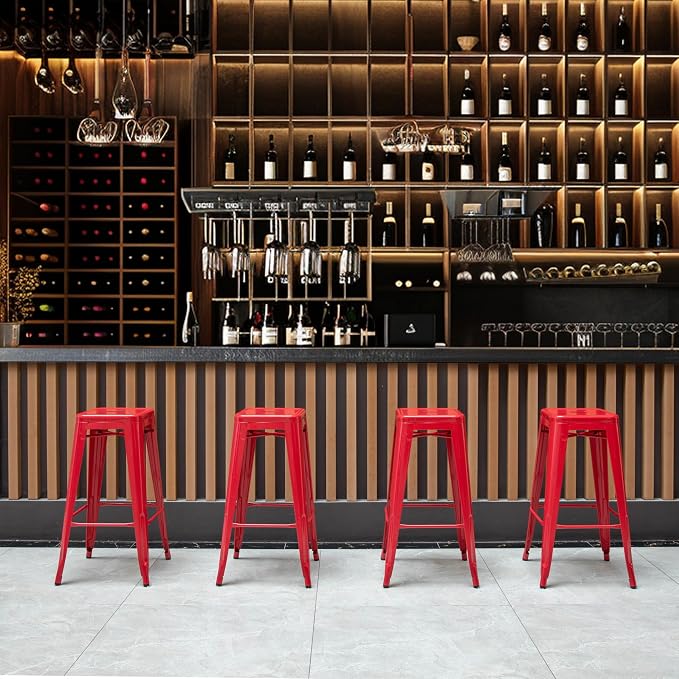 4-pcs 30-inch Backless Metal Bar Stool Stackable Heavy-Duty Counter-Height Chair for Home Bars Patios Kitchen Islands Cafes Restaurants Bistros and Dining Areas for Indoor & Outdoor, Red