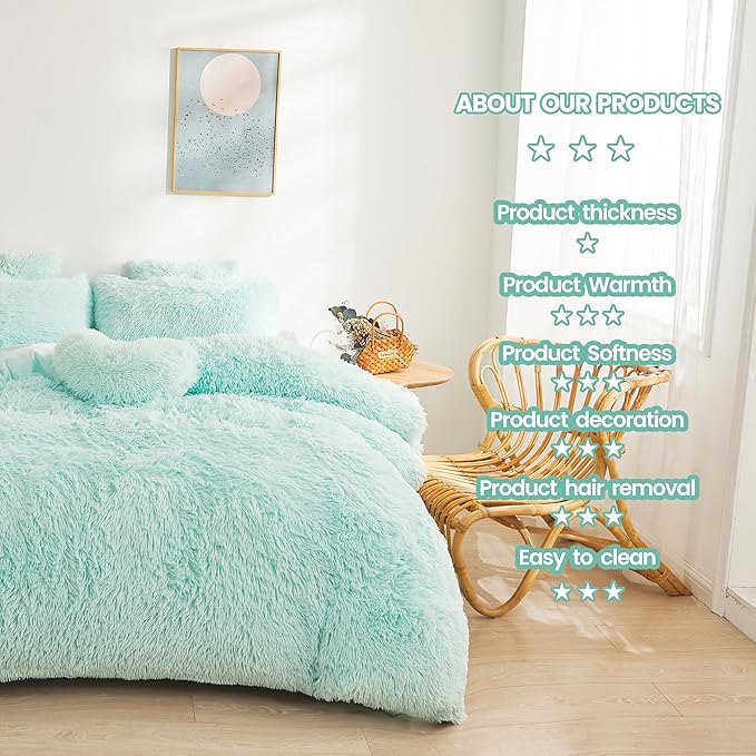 FOPPA Green Comforter Cover Set - Ultra Soft Plush Bedding Sets 3 Pieces (1 Faux Fur Duvet Cover + 2 Faux Fur Pillow case) Green Bed Set(Mint Green, Queen)