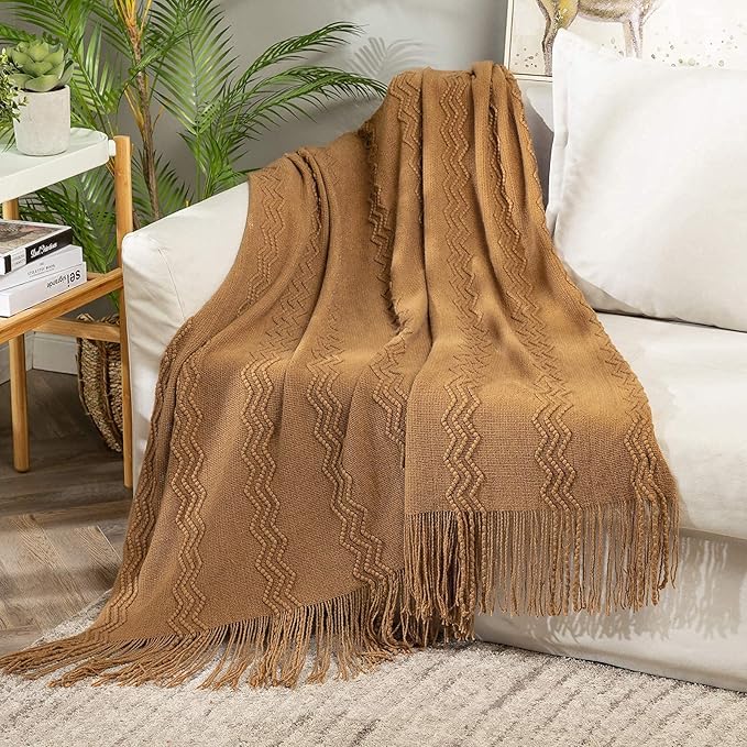 MIULEE Knitted Brown Throw Blanket for Couch,Boho Bed Decor Knit Outdoor Blankets Throw Size with Tassels Cozy Woven for Sofa Home Chair Wave Pattern 50" x 60" Inches