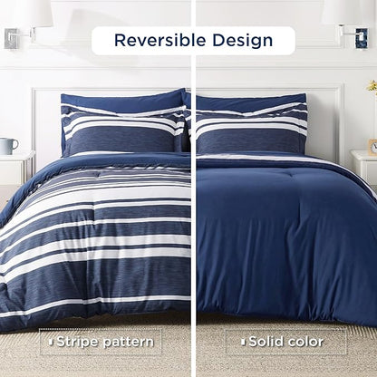 Bedsure Bed in a Bag California King Size 7 Pieces, Navy White Striped Bedding Comforter Sets All Season Bed Set, 2 Pillow Shams, Flat Sheet, Fitted Sheet and 2 Pillowcases