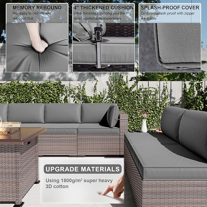 Kullavik 10 Pieces Outdoor Patio Furniture Set with 43" Gas Propane Fire Pit Table PE Wicker Rattan Sectional Sofa Patio Conversation Sets,Grey