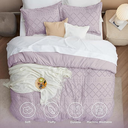 Bedsure Full Size Comforter Set - Lavender Comforter, Boho Tufted Shabby Chic Bedding Comforter Set, 3 Pieces Vintage Farmhouse Bed Set for All Seasons, Fluffy Soft Bedding Set with 2 Pillow Shams