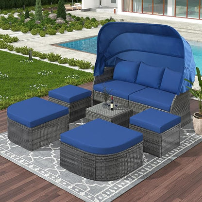 Rectangle Furniture Daybed Sunbed with Retractable Canopy, Outdoor Wicker Conversation Set with Cushions for Patio, Backyard, Porch, Garden, Bc-Blue + Rattan