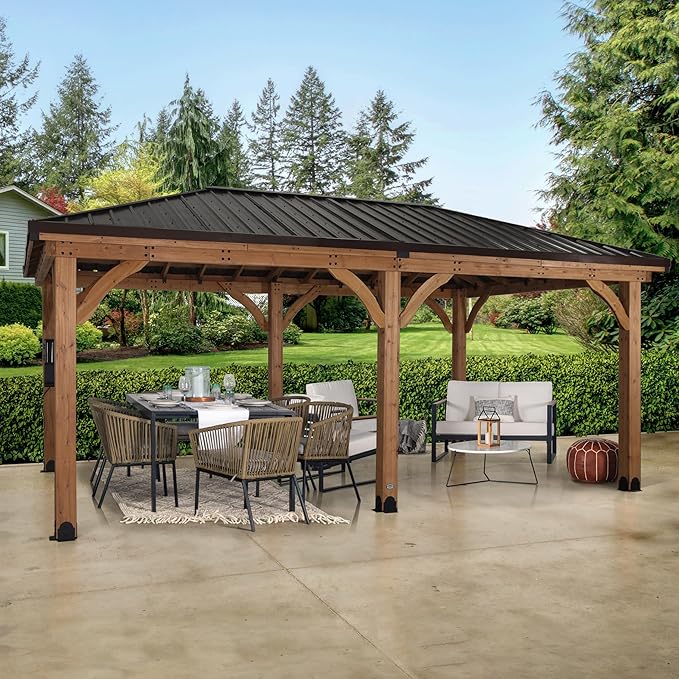 Backyard Discovery Barrington 20' x 12' Cedar Wood Outdoor Gazebo Pavilion with Hardtop Galvanized Steel Hip Roof, Snow Support, Wind Resistance, PowerPort, Shade for Garden, Patio, Deck, Entertaining
